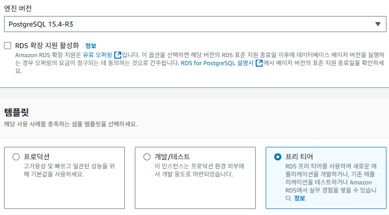 AWS RDS PostgreSQL 버전과 프리티어 템플릿 선택